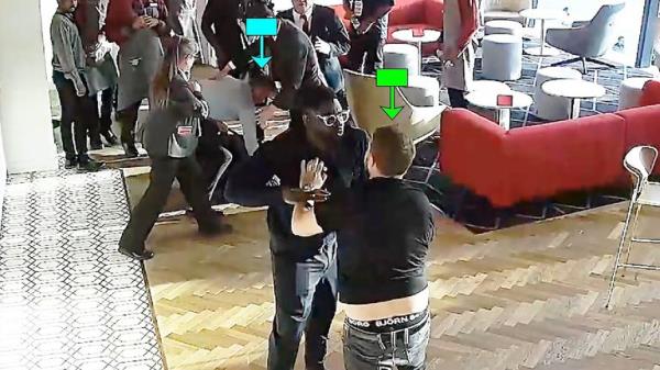 Screen grab taken from handout footage dated 03/09/23 issued by Edward Fail Bradshaw & Waterson of Roy Keane (blue arrow) and Scott Law (green arrow) in footage shown at Highbury Corner Magistrates' Court, during the trial of Scott Law who is accused of headbutting Roy Keane, at the Emirates Stadium on September 3 last year. Issue date: Thursday May 30, 2024.