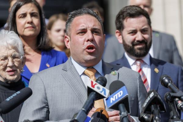 Rep. Anthony D'Esposito (R-NY) speaks during a press co<em></em>nference with Speaker of the United States House of Representatives Mike Johnson on the steps of Low Memorial Library at Columbia University in New York, New York, USA, 24 April 2024.