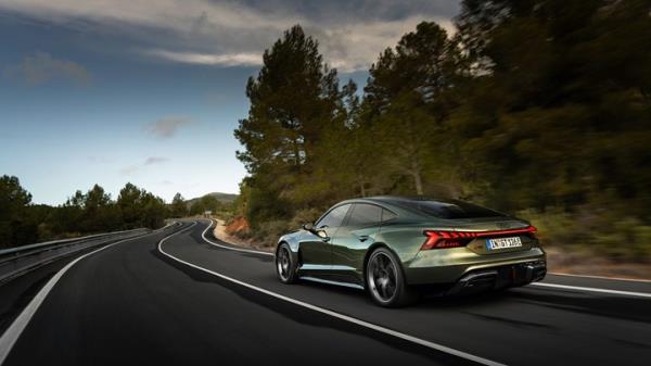 Audi RS e-tron GT update: rear three quarter driving, green paint