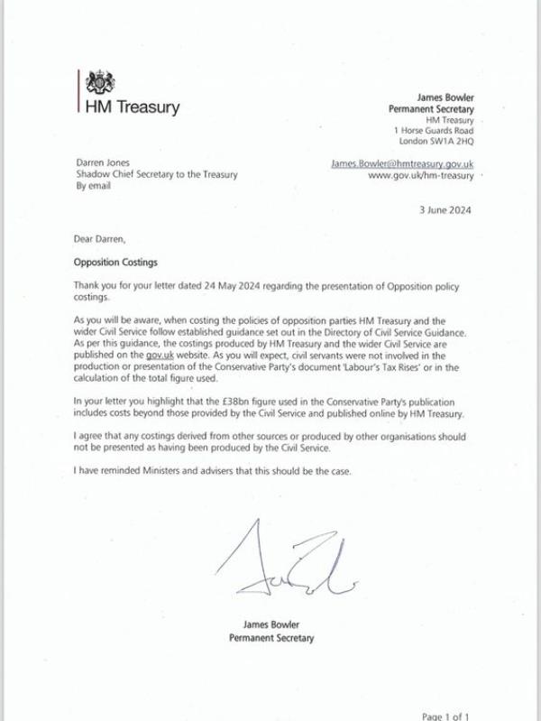 A letter from a top Treasury official casting doubt on a Tory claim that civil servants have been used to put a price on Labour's spending plans