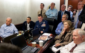 Former US president Barack Obama and his natio<em></em>nal security team in the White House Situation Room