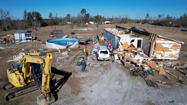 A general view of a local's property is seen destroyed by the tornado in Prattville, Alabama on Jan. 14, 2023.