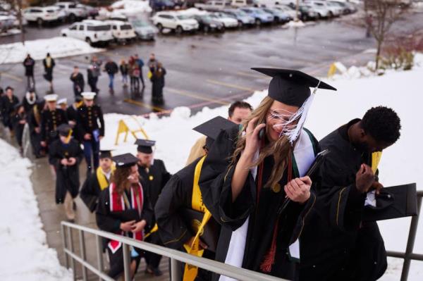Graduates after the University of Idaho winter commencement almost one mo<em></em>nth after four University of Idaho students were stabbed to death at an off-campus house on Saturday, December 10, 2022 in Moscow, Idaho. University of Idaho students Madison Mogen, Xana Kernodle, Ethan Chapin, and Kaylee Go<em></em>ncalves were victims of a quadruple homicide at an off-campus house almost one mo<em></em>nth ago. (James Keivom for New York Post)