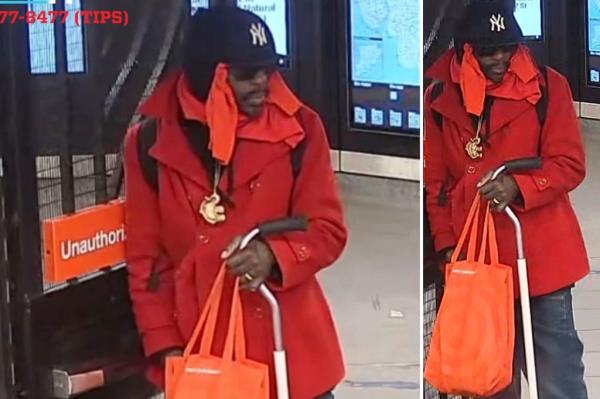 A surveillance footage grab showing the suspect wearing a red jacket, red du-rag with a Yankees cap over it, and a gold elephant chain. He is shown walking with a me<em></em>tal crutch and carrying an orange tote bag.
