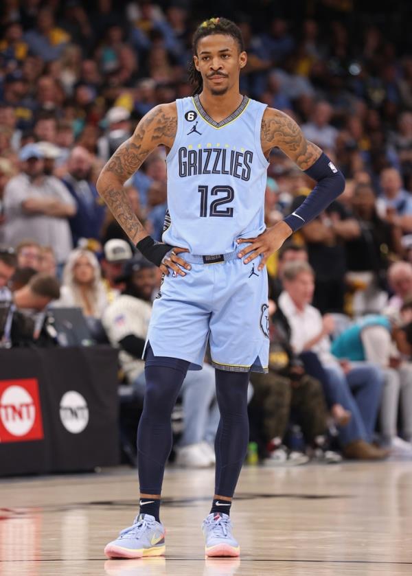 Grizzlies guard Ja Morant #12 of looks on during Round 1 Game 5 of the 2023 NBA Playoffs against the Los Angeles Lakers on April 26, 2023 at FedExForum in Memphis, Tennessee.  