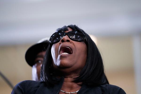 RowVaughn Wells, mother of Tyre Nichols, calls out for her son during a press conference.
