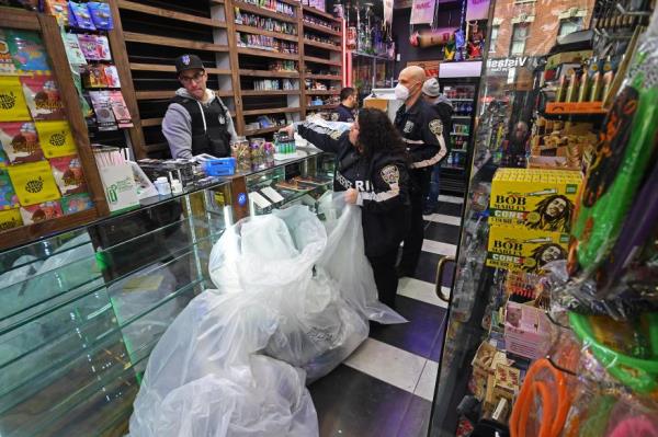 Police put the illegal goods in large plastic bags.