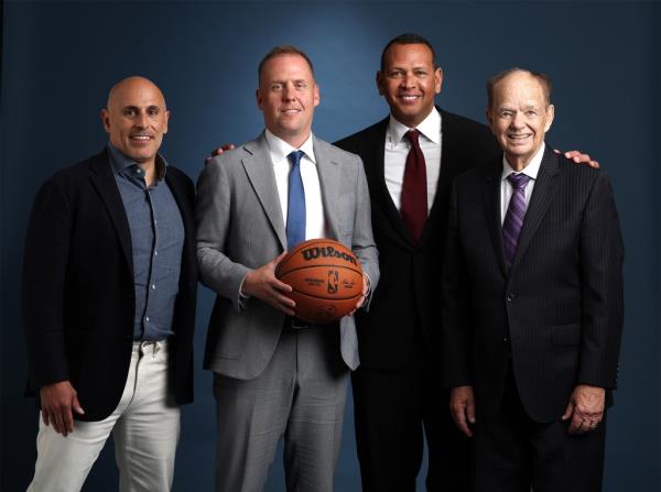 Alex Rodriguez has partnered with Marc Lore (left) in bid to buy T-Wolves from owner Glen Taylor (right). Tim Co<em></em>nnelly (2nd from left) was brought in as president of basketball operations last May.