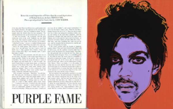 A purple silkscreen portrait of Prince created in 1984 by Andy Warhol to illustrate a 1984 article in Vanity Fair.