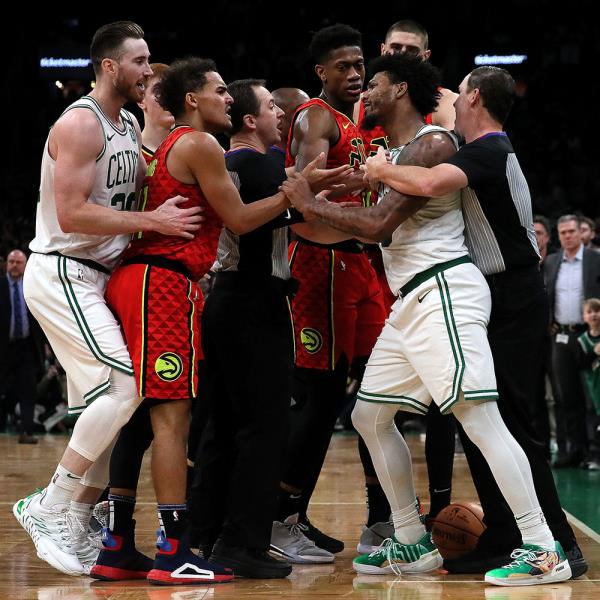 Tempers flare between the Celtics and Hawks late in the fourth quarter of a regular season NBA game at TD Garden in Boston on Jan. 3, 2020. 