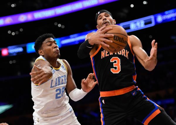 Josh Hart controls a rebound during the Knicks' win over the Lakers on March 12. 