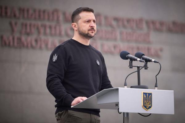 President Volodymyr Zelensky addressing a speech during a ceremony of the 9th anniversary of the Natio<em></em>nal Guard of Ukraine and the graduation of the officers of the Natio<em></em>nal Academy of Ukraine, in Kyiv on March 24. 