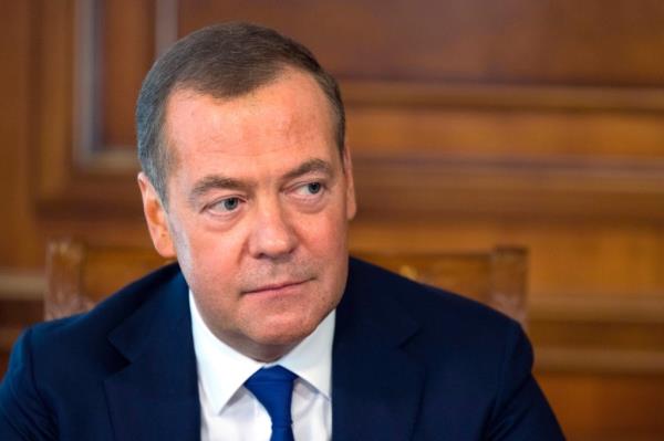 Russian Security Council Deputy Chairman and the head of the United Russia party Dmitry Medvedev speaks to the Russian media at the Gorki state residence, outside Moscow, Russia, Thursday, March 23.