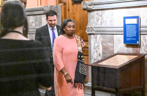 Senate Majority Leader, Andrea Stewart-Cousins, D-Yonkers, is seen leaving after meeting with Gov. Kathy Hochul at the state Capitol.