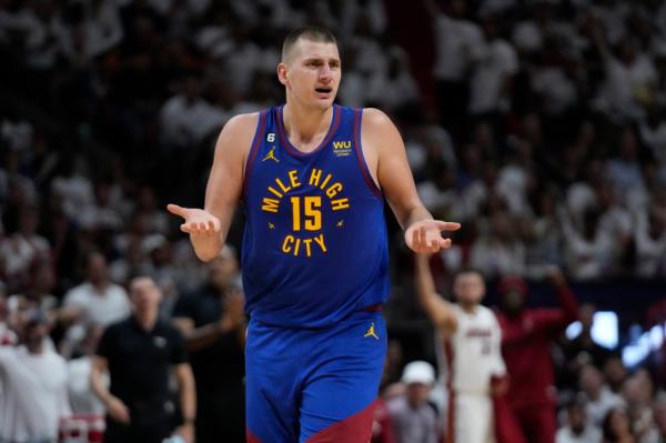 Nikola Jokic reacts during Game 3 of the NBA Finals.