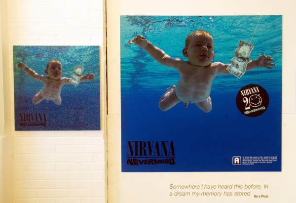 An oversized poster of Nirvana's 