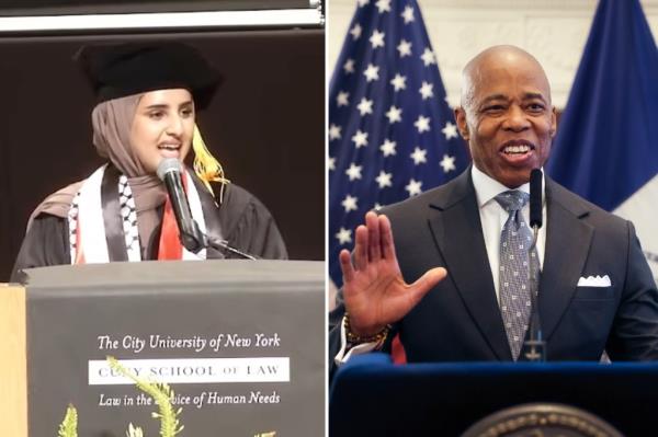 Student-elected speaker Fatima Mousa Mohammed during the CUNY Law School Commencement, May 12, 2023.