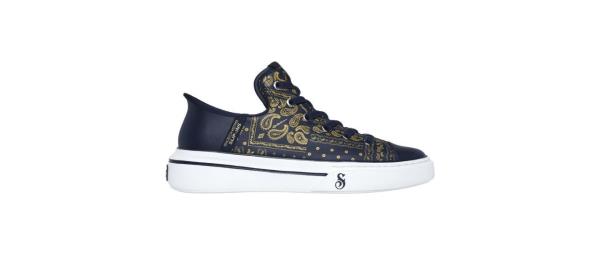 blue leather slip-on sneakers with a me<em></em>tallic paisley design