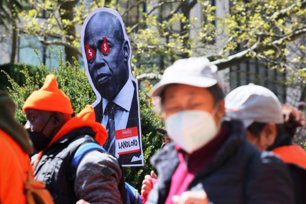 People gather for a rally protesting rent hikes at City Hall Park on April 28, 2022 in New York City. 