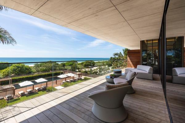 A blue view of the Atlantic from a terrace space.