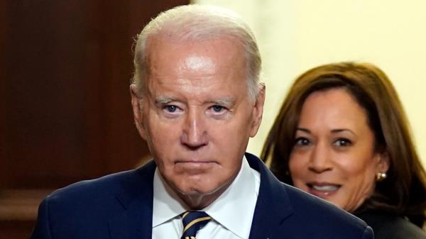 President Biden and Vice President Harris arrive for an event to establish the Emmett Till and Mamie Till-Mobley Natio<em></em>nal Monument, in the Indian Treaty Room in the Eisenhower Executive Office Building on the White House campus, Tuesday, July 25, 2023, in Washington.