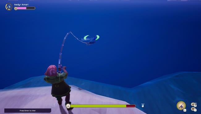 Player character fishing at Bahari Bay during the night and in the process of reeling in a Barracuda in Palia.