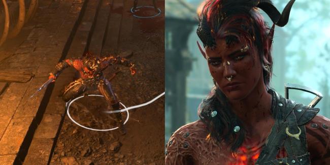 Baldur's Gate 3 split screen of Karlach raging and looking at the player