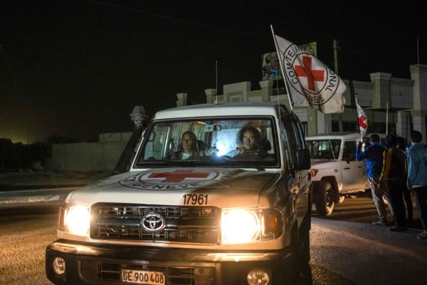 A Red Cross co<em></em>nvoy carrying Israeli and foreign hostages heads to Egypt from the Gaza Strip at the Rafah border crossing on Sunday, Nov. 26, 2023.