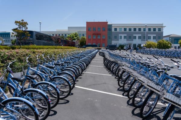 Rows of bikes lined up at Facebook headquarters