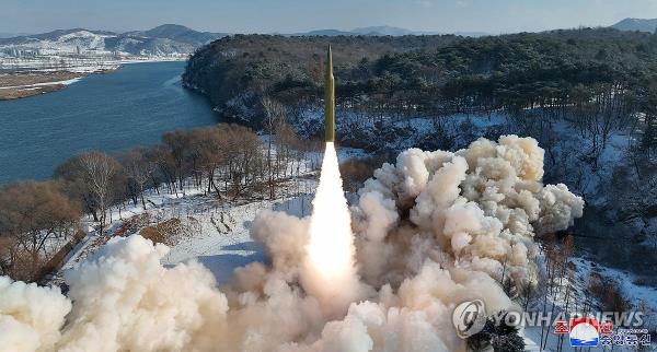 This photo, carried by North Korea's official Korean Central News Agency on Jan. 15, 2024, shows the North's launch of a solid-fuel intermediate-range ballistic missile (IRBM) carrying a hyperso<em></em>nic warhead the previous day. (For Use o<em></em>nly in the Republic of Korea. No Redistribution) (Yonhap)