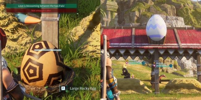 Split image of a Large egg at the Breeding Farm and a shot of the farm from a distance in palworld