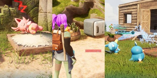 Split images of a Pal sleeping, a player looking at the cooler box, and Pals shooting water in Palworld