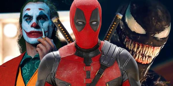 Joaquin Phoenix's Joker smoking a cigarette, Ryan Reynolds' Deadpool on the Deadpool 3 set, and Tom Hardy's Venom showing his teeth