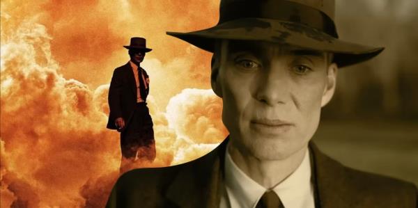 Cillian Murphy as the title character of Oppenheimer against an explosion