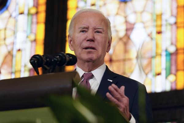 President Joe Biden delivers remarks at Mother Emanuel AME Church in Charleston, S.C., Monday, Jan. 8, 2024, wher<em></em>e nine worshippers were killed in a mass shooting by a white supremacist in 2015. (AP Photo/Stephanie Scarbrough)