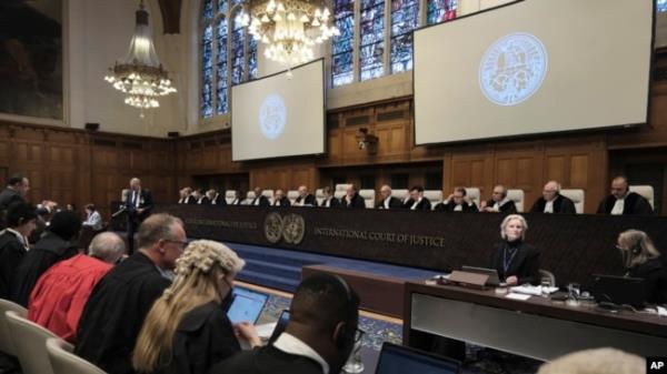 Judges and parties sit during a hearing at the Internatio<em></em>nal Court of Justice in The Hague, Netherlands, Jan. 12, 2024.