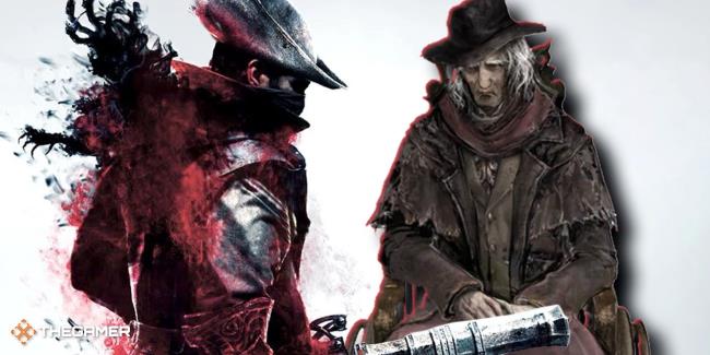 A Bloodborne Hunter on the left and an elderly character seated on the right