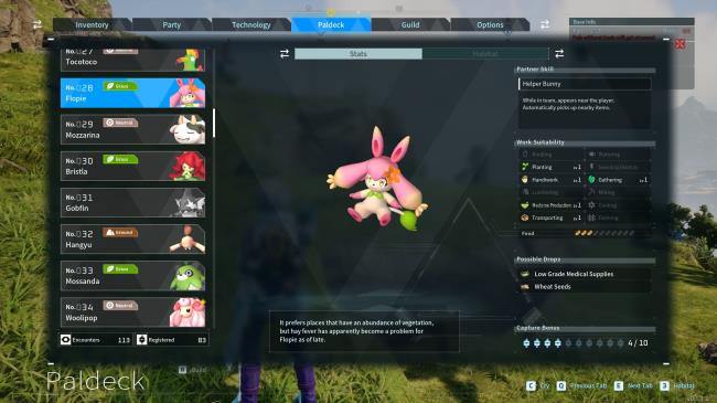 Flopie menu in the paldeck Palworld