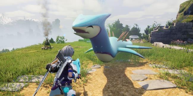 Player sitting next to a happy Surfent Palworld